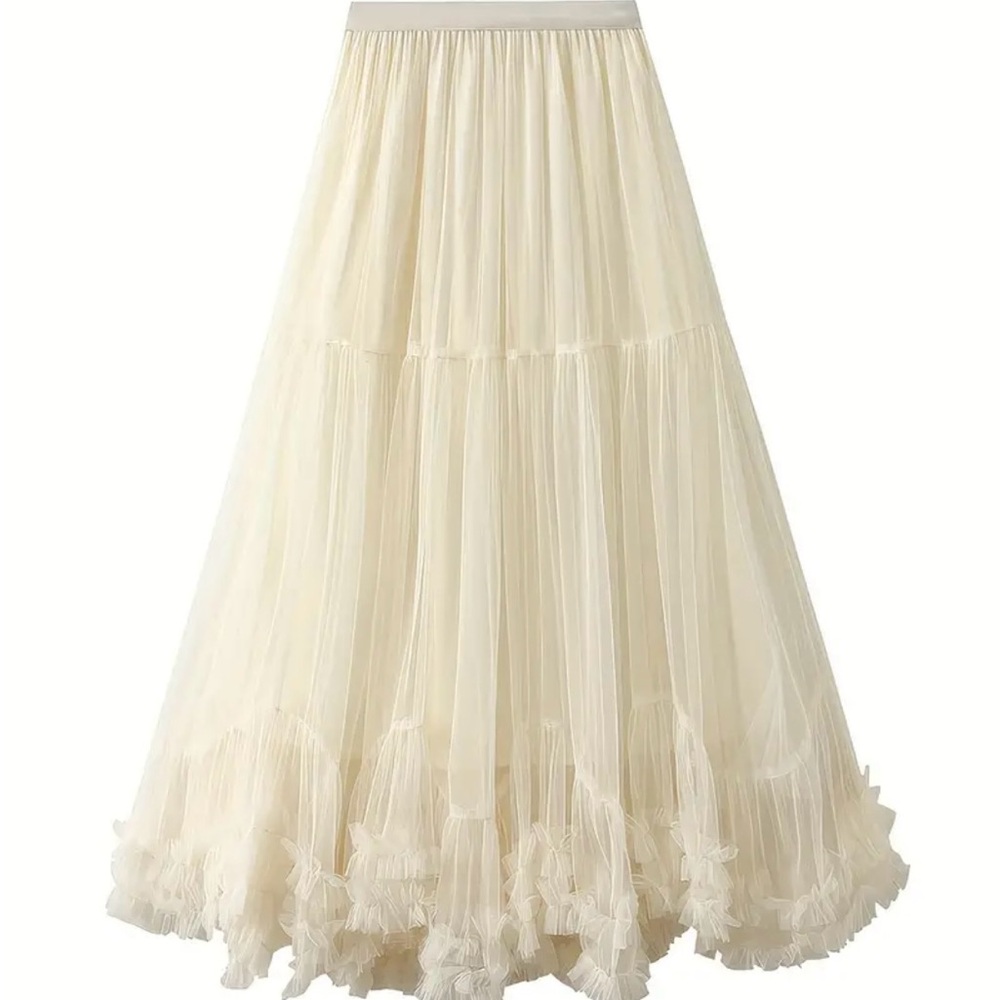 Beige Chiffon Ruffled Mesh Sheer Maxi Skirt (One size)